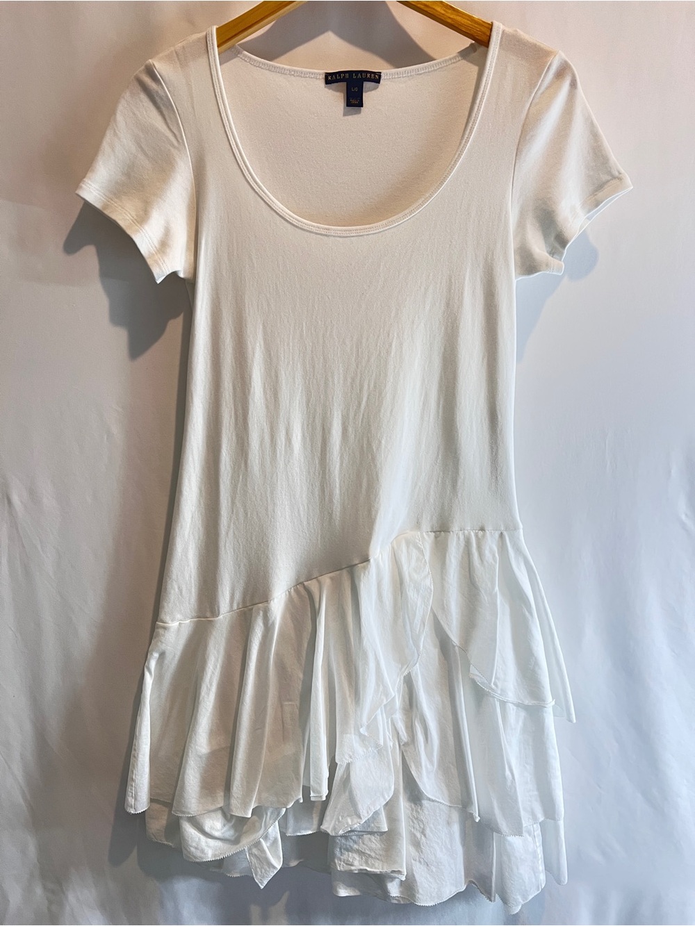 Ralph Lauren Black Label White Cotton Ruffle Hem Dress Women’s L Scoop Neck
